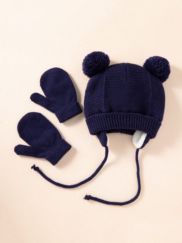 Double Hairball Knit Hat With Gloves