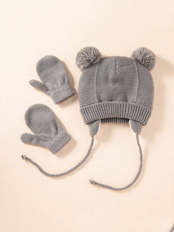 Double Hairball Knit Hat With Gloves - Image 2