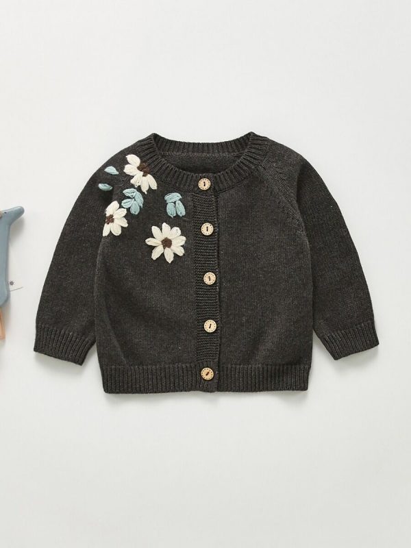 Hand-made Embroidery Flowers Knitted Baby Cardigan