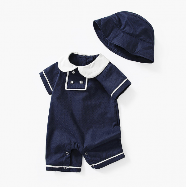 White & Navy Short Sleeve Jumpsuit With Hat - Image 2