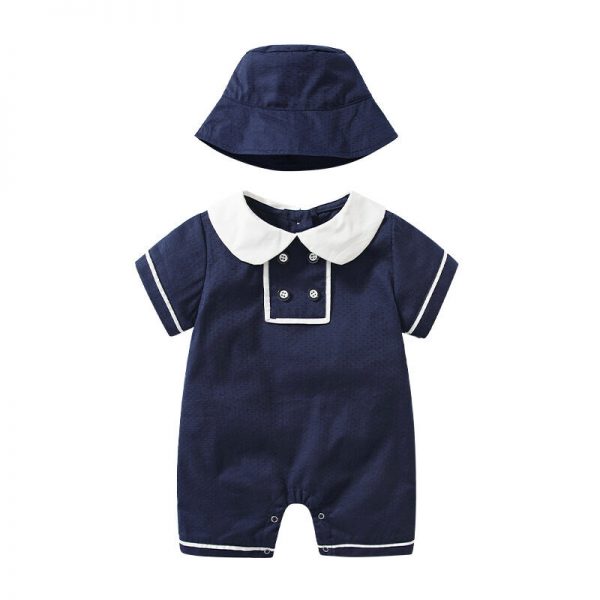 White & Navy Short Sleeve Jumpsuit With Hat